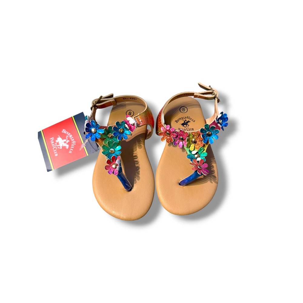 Beverly Hills Polo Club Sandals Toddler Sz 8 Rainbow Floral Glitter T Strap NEW‎